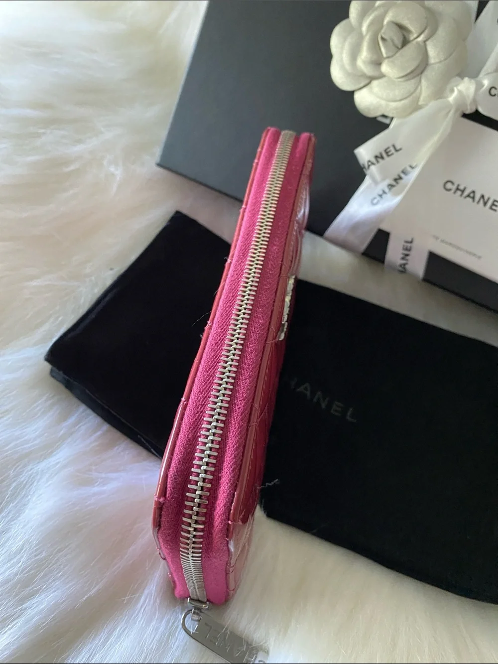 Chanel Patent Leather Brilliant Matelassé Long Zip Wallet in Rose Pink in Box